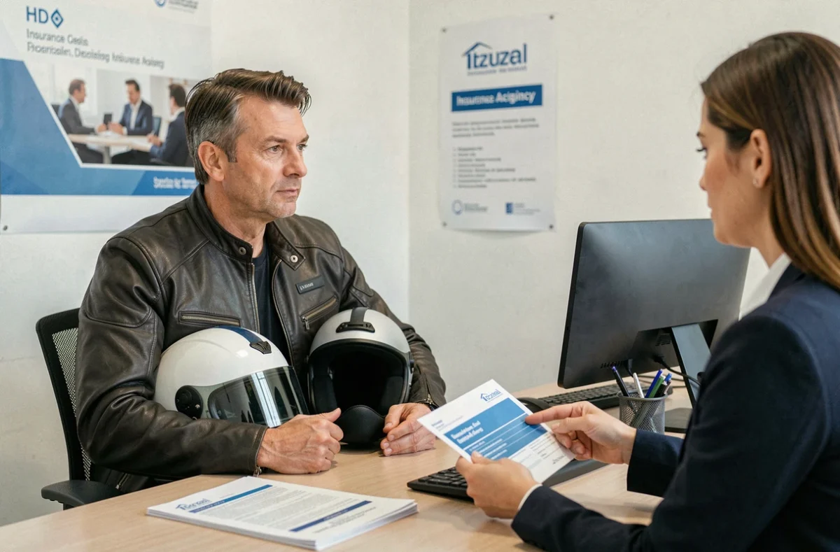 Motard discutant de son contrat d'assurance moto avec un conseiller dans une agence spécialisée