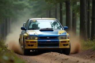 Subaru Impreza WRC en pleine attaque sur une spéciale forestière en gravier, livrée bleue et jaune emblématique couverte de poussière de rallye