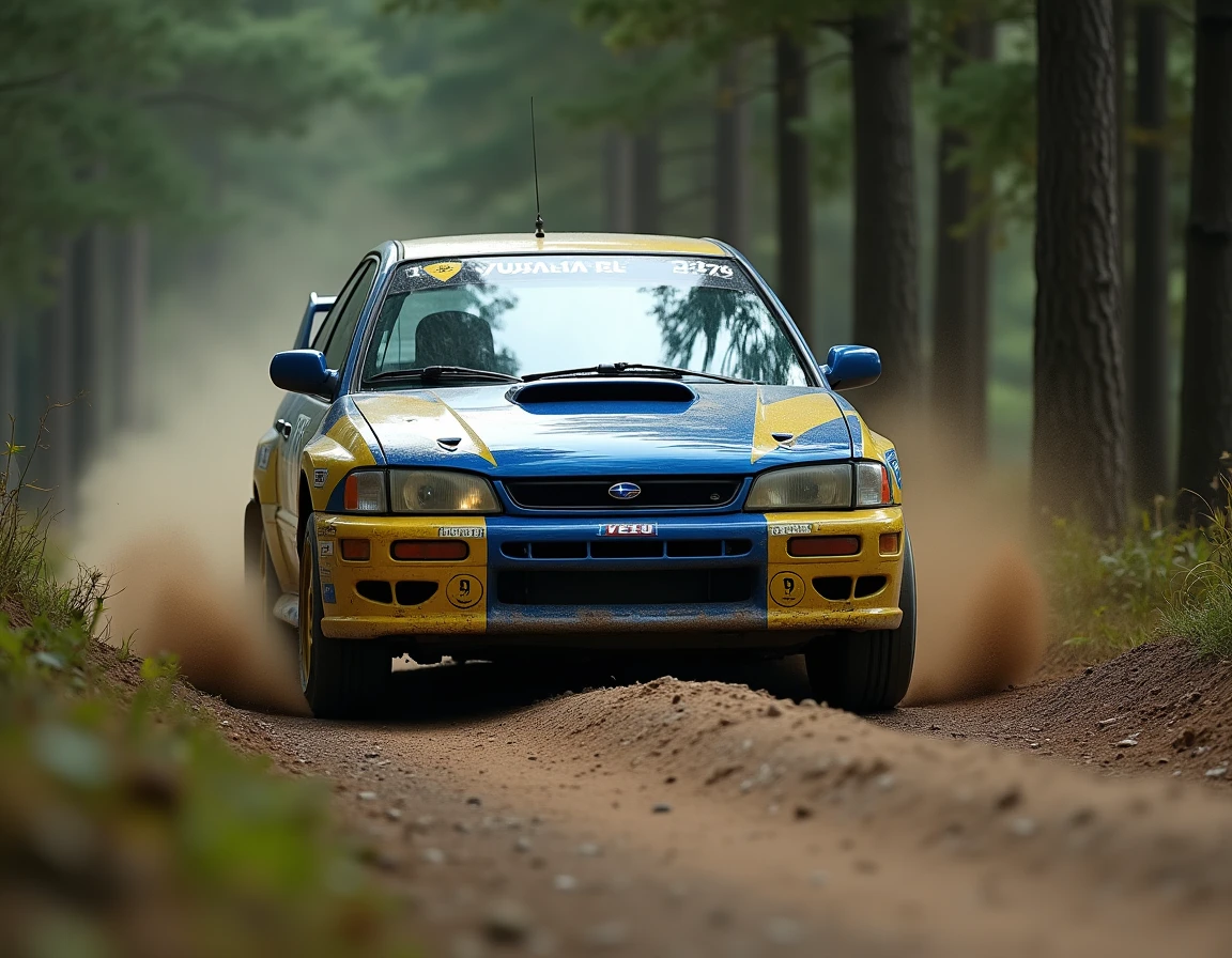 Subaru Impreza WRC en pleine attaque sur une spéciale forestière en gravier, livrée bleue et jaune emblématique couverte de poussière de rallye