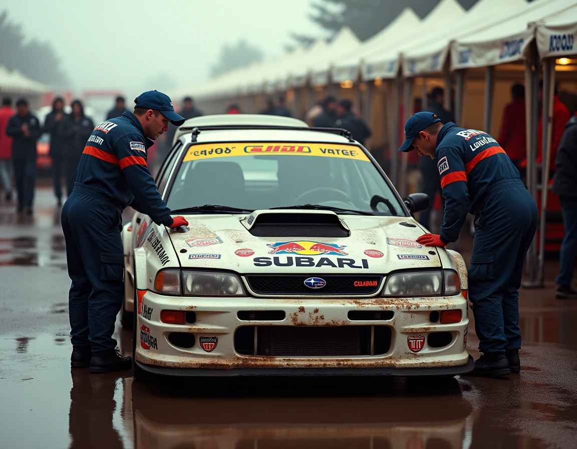 Subaru Legacy RS Groupe A en assistance technique lors d'un rallye historique, mécanique d'époque travaillant sur le moteur boxer turbo