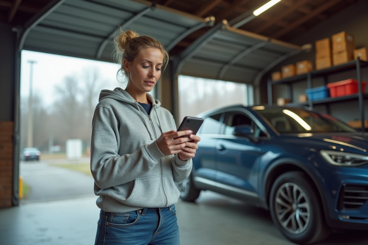 Femme vérifiant le suivi de livraison de pneus sur son smartphone dans un garage