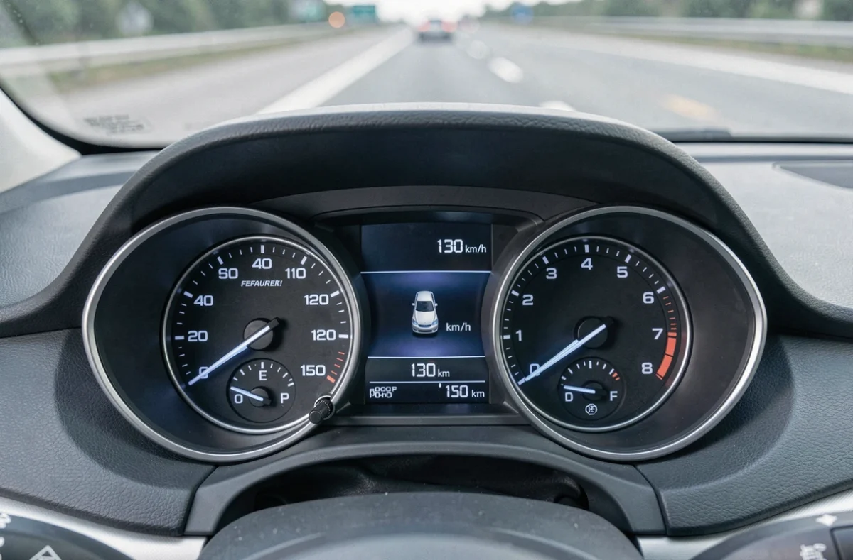 Tableau de bord d'une voiture turbo moderne affichant 130 km/h et le régime moteur optimal en croisière