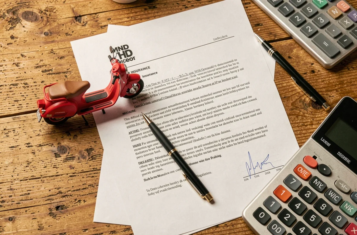 Vue de dessus d'un bureau avec un contrat d'assurance scooter électrique 50, une calculatrice et un modèle réduit de scooter rouge