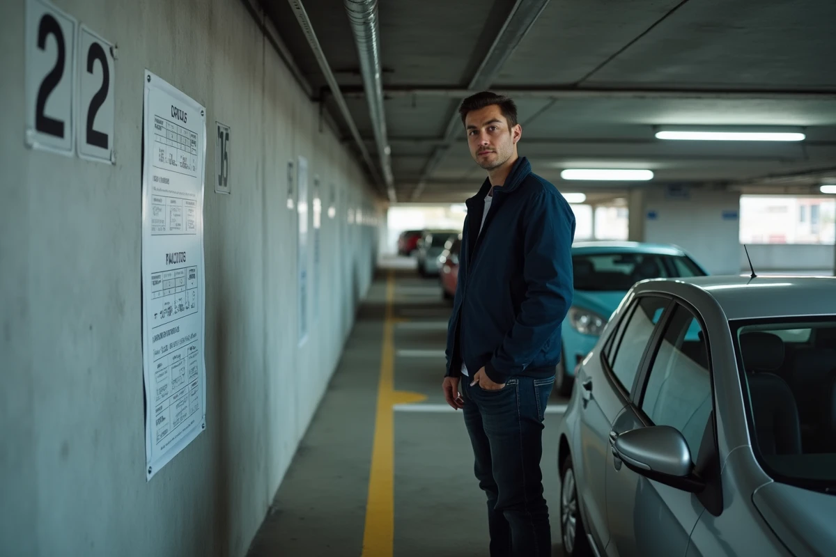 Homme consultant le tarif d'un parking souterrain à proximité de la gare de Valence