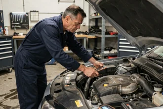 Technicien automobile inspectant le moteur diesel 1351 avec un scanner de diagnostic dans un garage professionnel