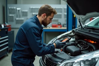 Technicien automobile diagnostiquant un voyant orange sur tableau de bord Peugeot avec scanner OBD dans un garage