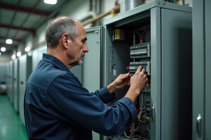 Technicien en uniforme configurant un variateur industriel dans une cabine électrique