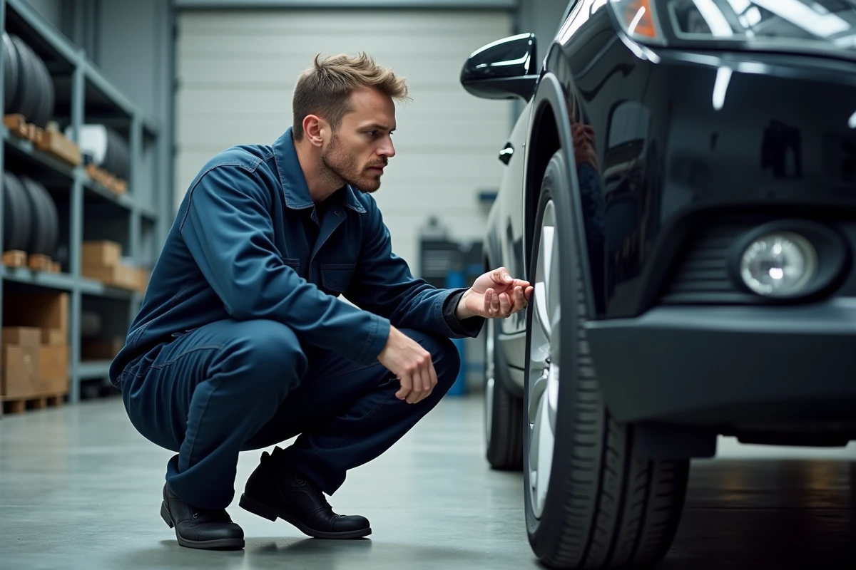 Technicien automobile inspectant l'indice de charge d'un pneu hiver sur la paroi latérale du pneu dans un atelier de mécanique
