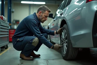 Technicien automobile inspectant le pneu avant d'une berline en garage avant un contrôle de géométrie