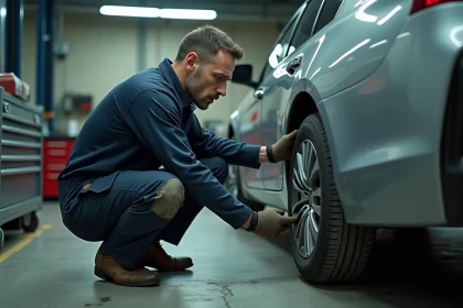 Technicien automobile inspectant le pneu avant d'une berline en garage avant un contrôle de géométrie