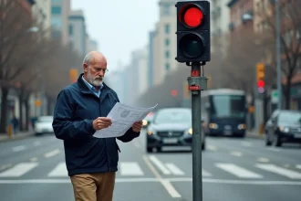 Technicien de trafic en ville avec feu rouge et radar