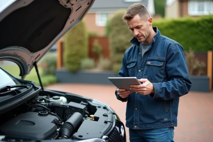 Technicien automobile examinant un SUV moderne en extérieur