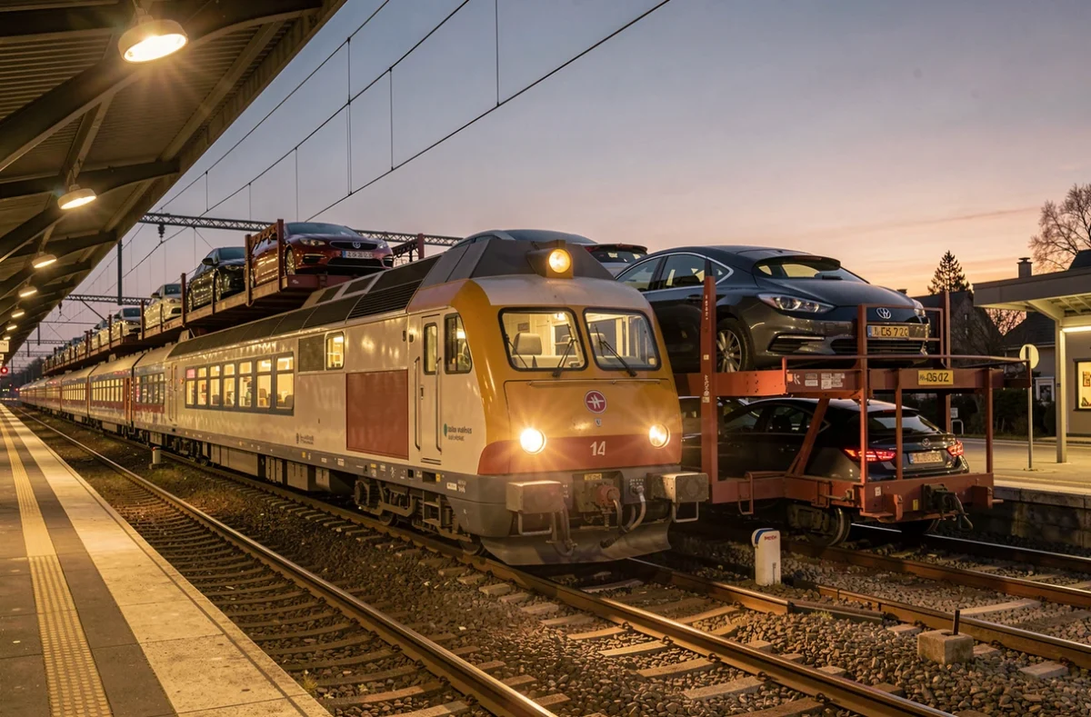 Train de nuit avec voitures chargées sur wagons porte-autos