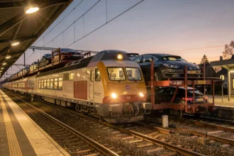 Train de nuit avec voitures chargées sur wagons porte-autos