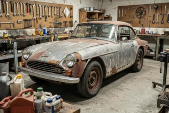 Triumph TR3 en cours de restauration dans un atelier vintage, carrosserie partiellement décapée révélant la rouille et la peinture d'origine