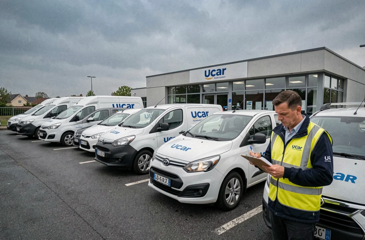 Parc de véhicules Ucar Nouvelle-Aquitaine avec un employé effectuant un état des lieux dans une zone commerciale