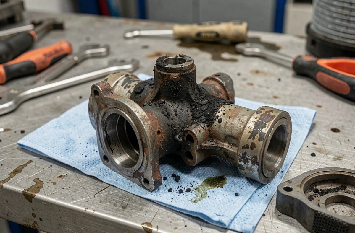 Vanne EGR et filtre à particules encrassés posés sur un établi de garage pour comparaison et diagnostic
