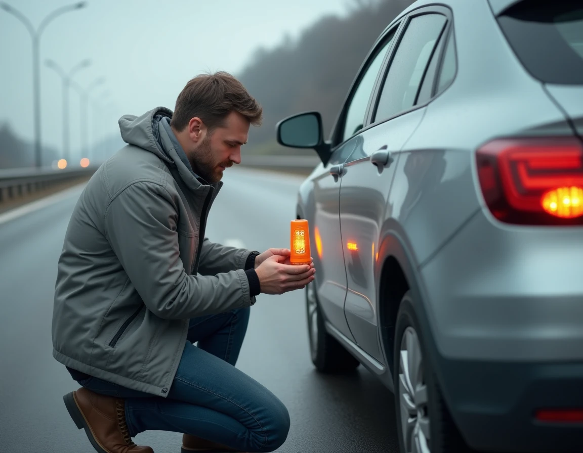 Automobiliste vérifiant l'authenticité d'une balise V-16 certifiée DGT sur une voie d'urgence