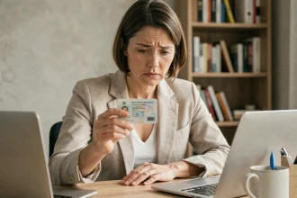 Femme examinant attentivement son permis de conduire français pour vérifier sa date de délivrance et sa validité en 2026