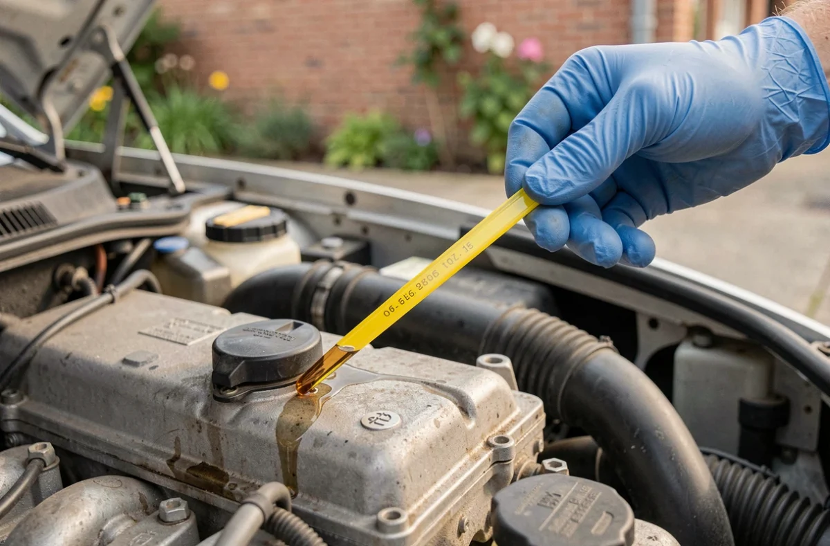 Vérification du niveau d'huile moteur avec la jauge d'une Peugeot 208 essence lors d'un entretien à domicile