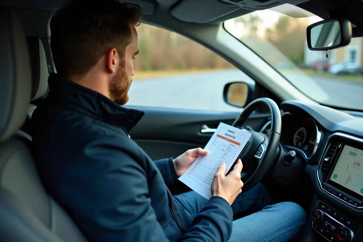 Homme dans une voiture consultant une checklist de vérification permis B 2026 sur smartphone avant un examen pratique