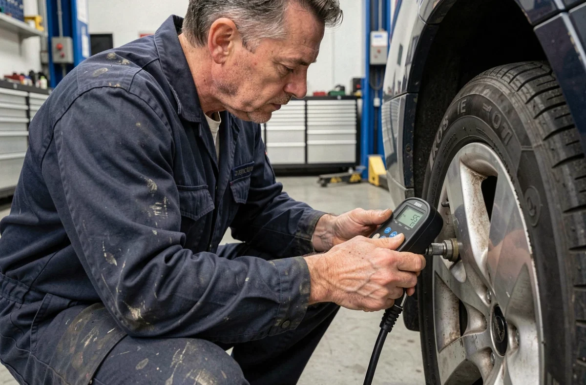 Mécanicien vérifiant la pression des pneus avec un manomètre numérique affichant 35 PSI dans un garage professionnel