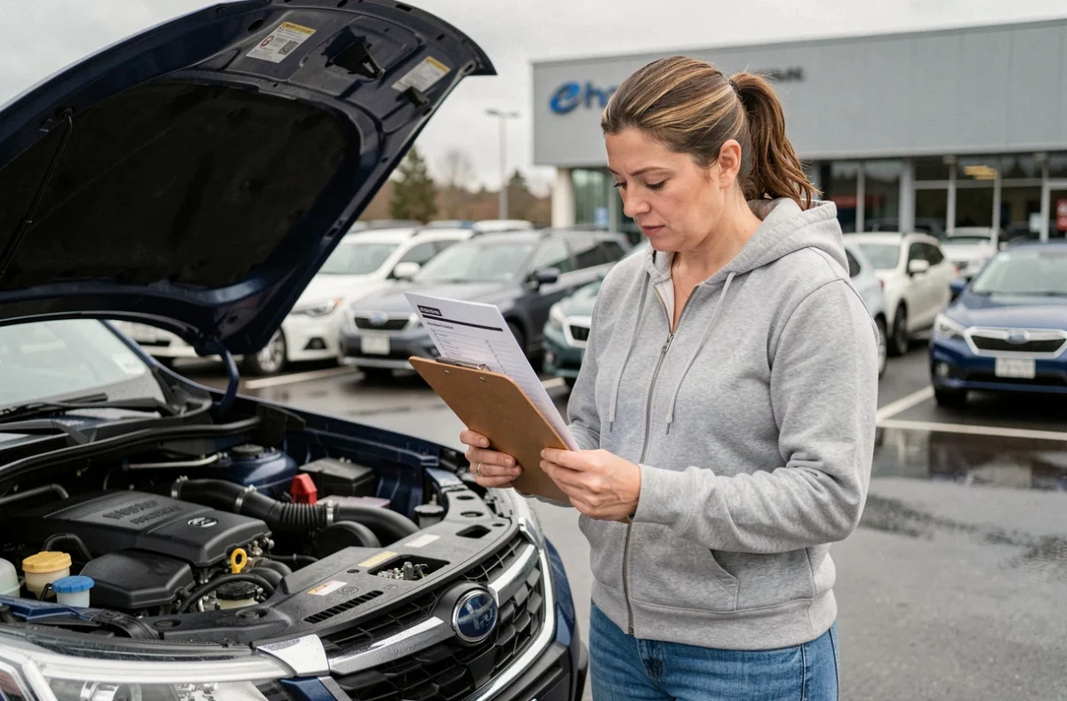 Femme vérifiant l'état d'une Subaru Forester PRODRIVE lors d'une inspection avant achat dans un parc automobile