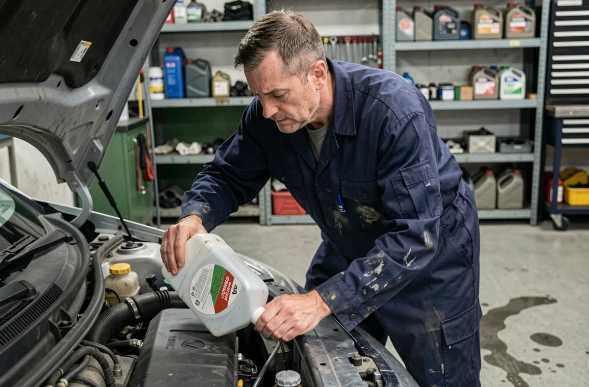 Mécanicien versant de l'huile moteur dans un moteur essence de Peugeot 208 dans un atelier automobile