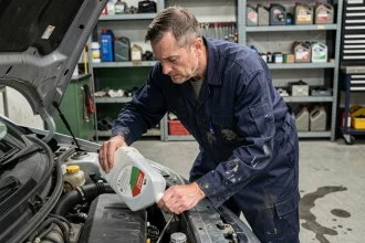 Mécanicien versant de l'huile moteur dans un moteur essence de Peugeot 208 dans un atelier automobile