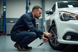 Technicien automobile vérifiant le niveau d'huile moteur d'une Peugeot 208 essence dans un garage professionnel