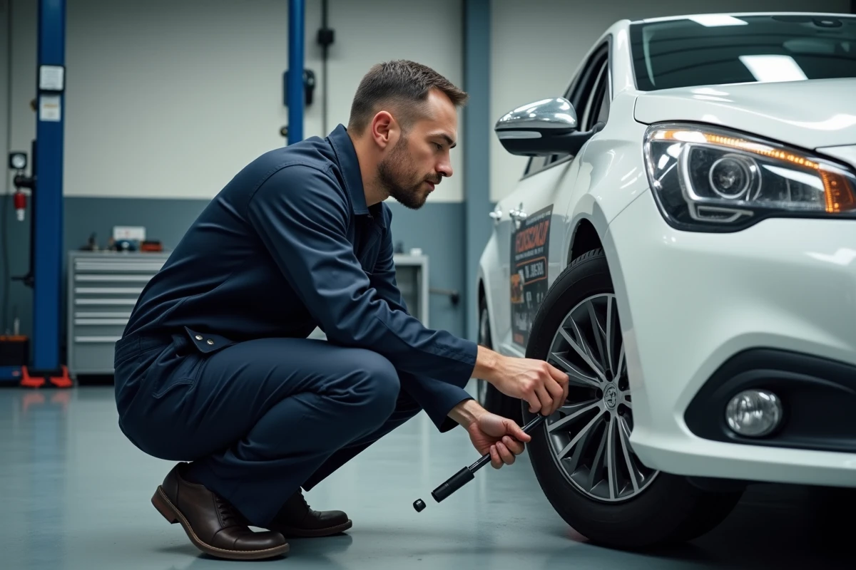 Technicien automobile vérifiant le niveau d'huile moteur d'une Peugeot 208 essence dans un garage professionnel