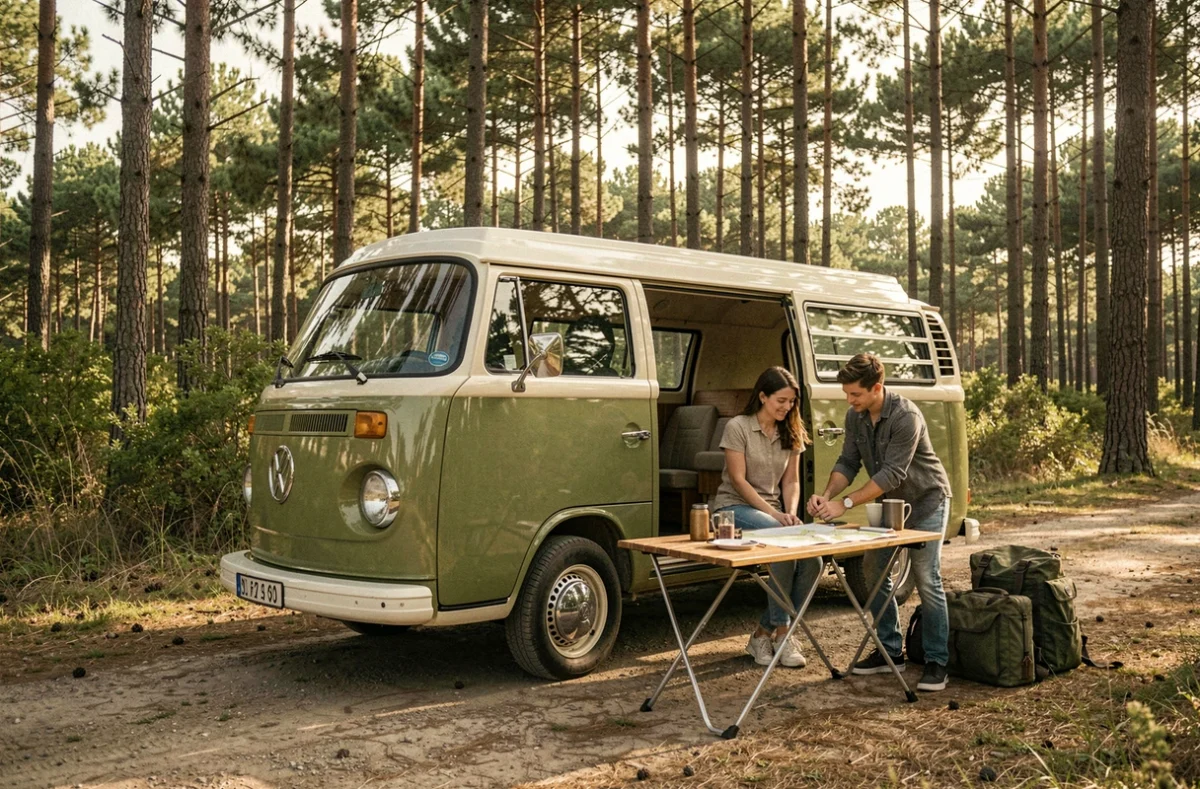 Volkswagen vintage aménagé loué chez Vintage Camper Biganos stationné en forêt landaise avec un couple en road trip