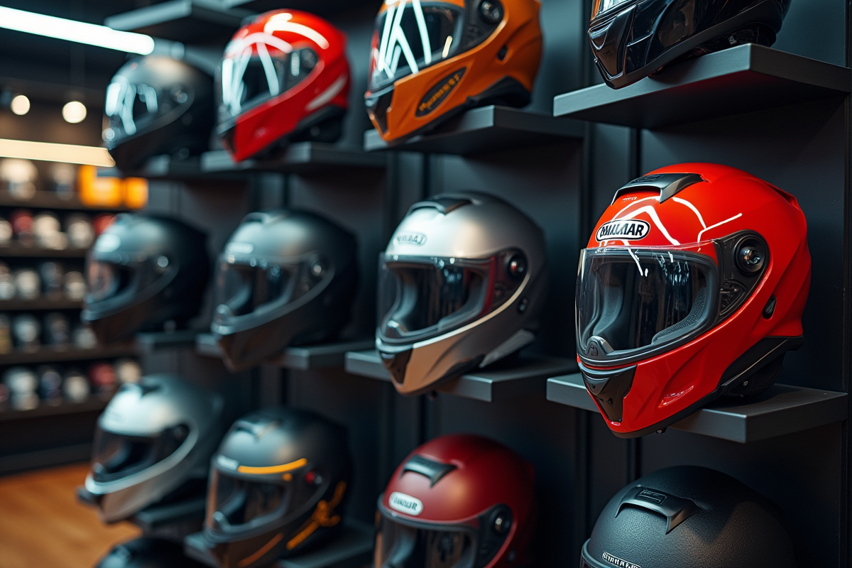 Vitrine avec différents casques moto en magasin moderne
