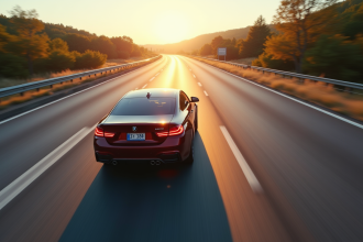 Voiture moderne roulant sur une route ensoleillee