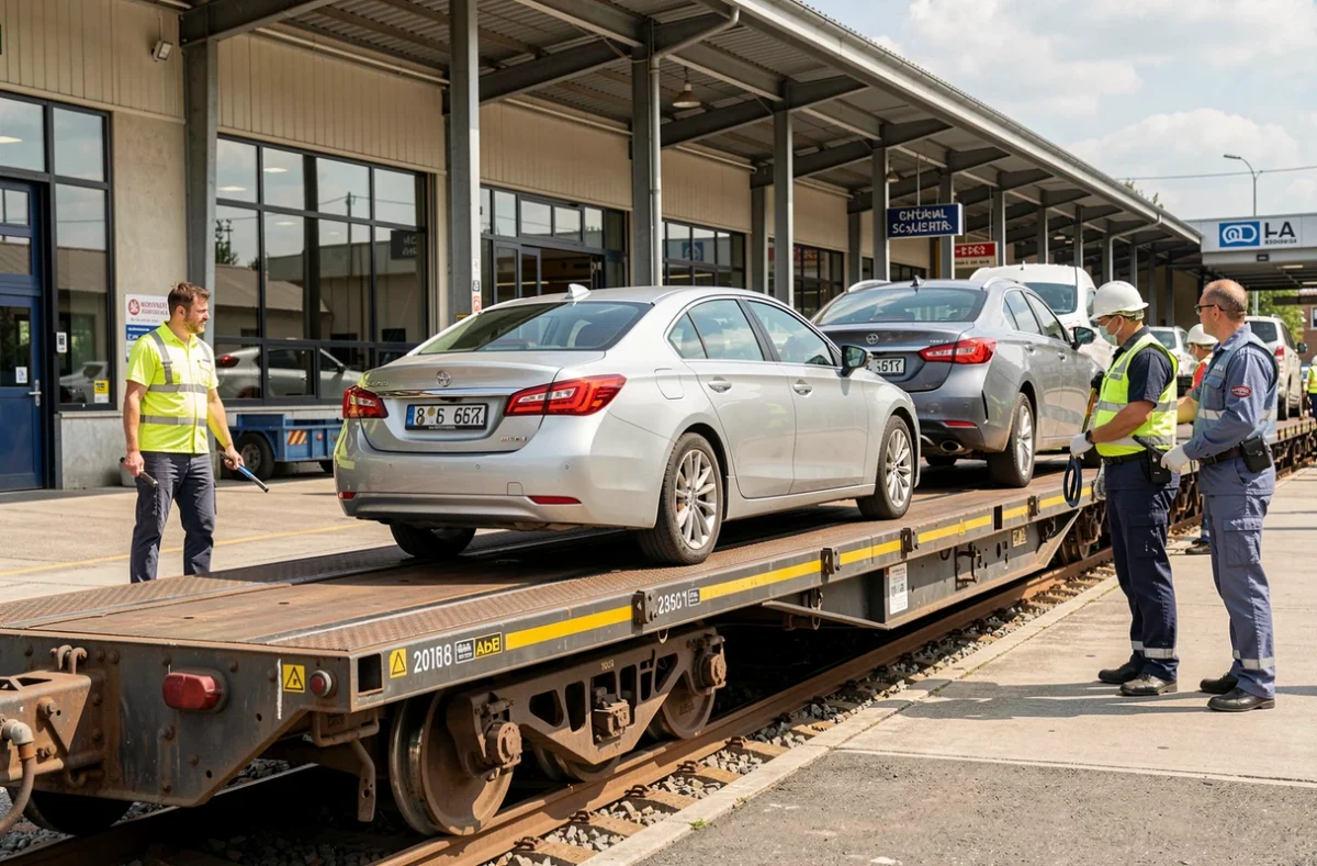 Voiture montant sur un wagon porte-autos en gare
