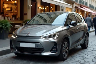 Voiture compacte la plus vendue en France garée dans une rue parisienne typique avec immeubles haussmanniens en arrière-plan