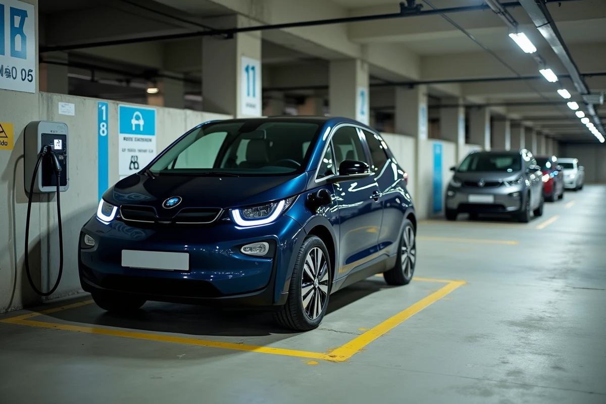 Voiture compacte rechargeable branchée à une borne de recharge dans un parking souterrain urbain à Paris