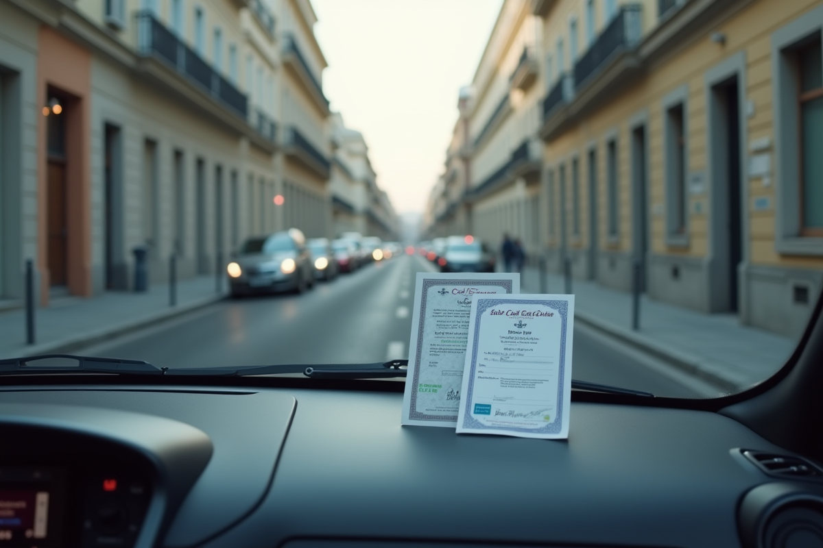 Voiture française stationnée en ville vue depuis le pare-brise avec documents