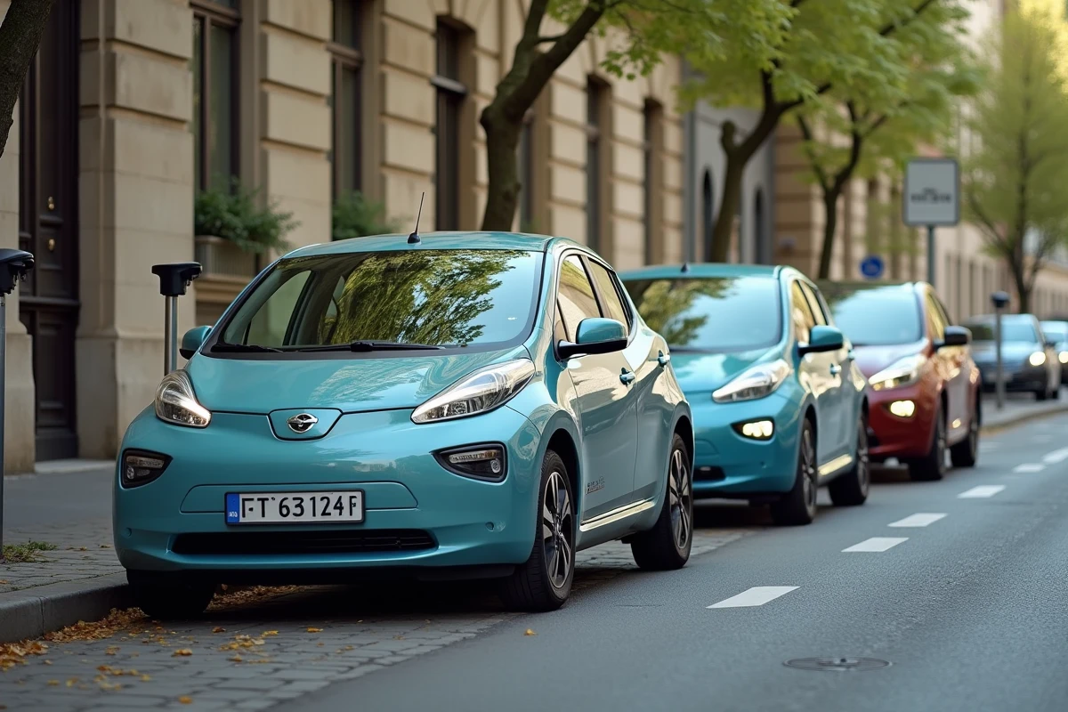 Rangée de voitures électriques garées dans une rue parisienne avec un panneau ZFE visible en arrière-plan