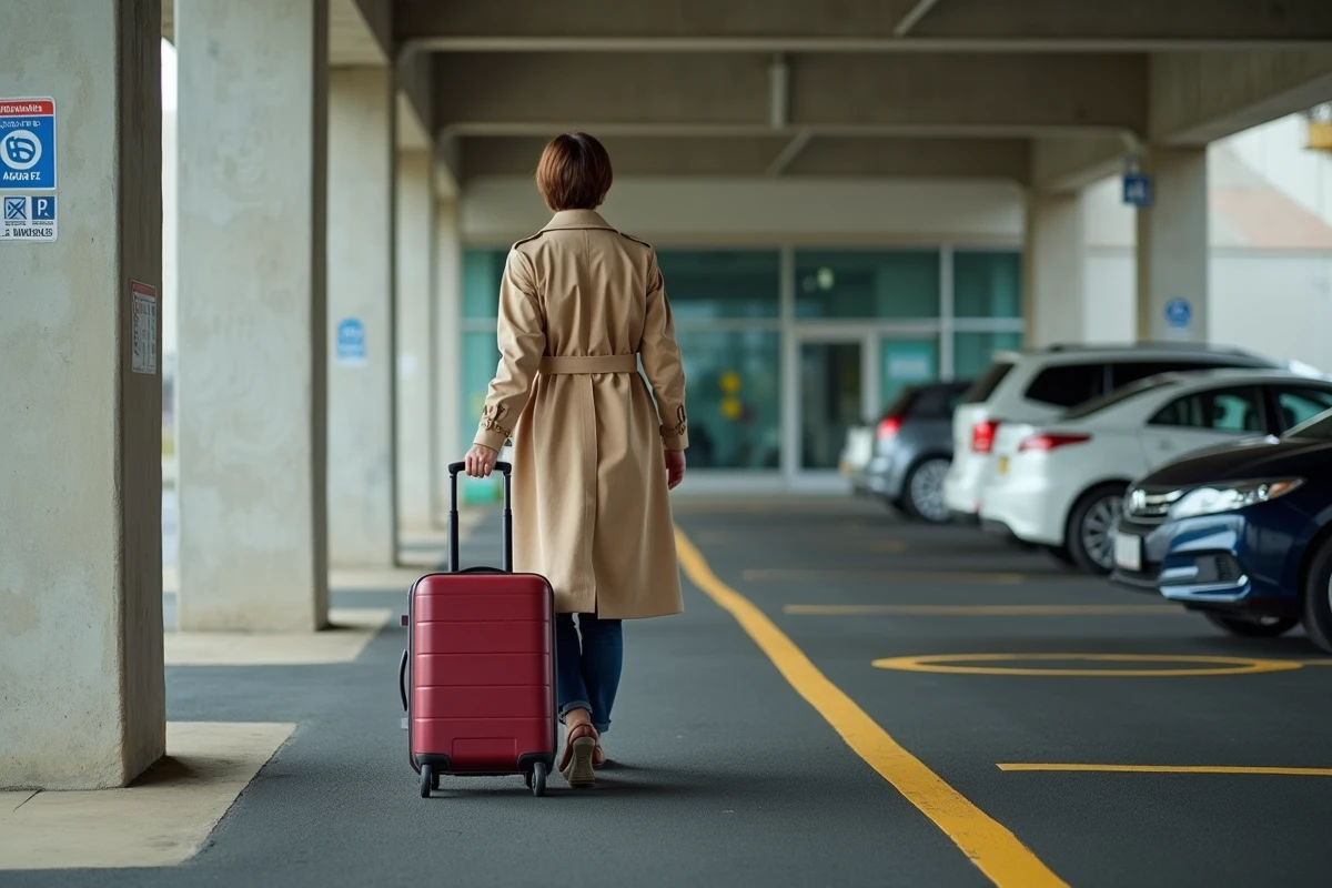 Voyageuse avec valise dans un parking couvert près de la gare de Valence TGV