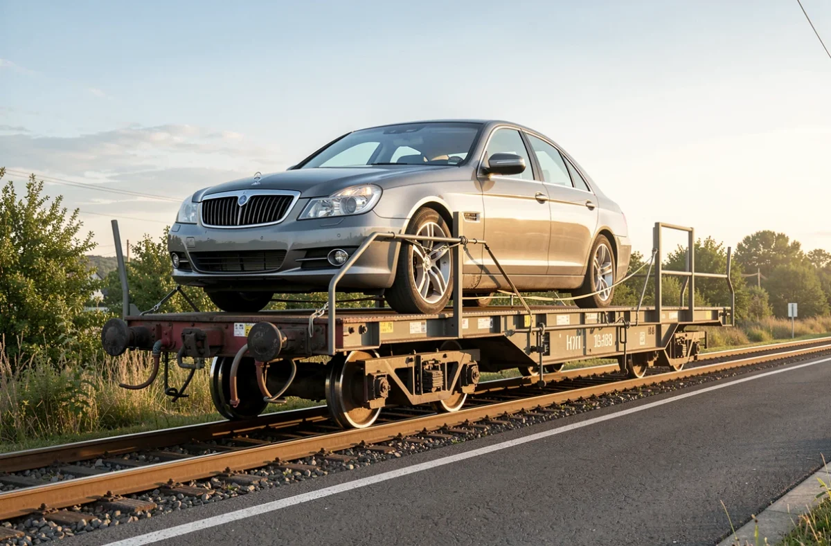 Wagon porte-autos transportant une voiture familiale